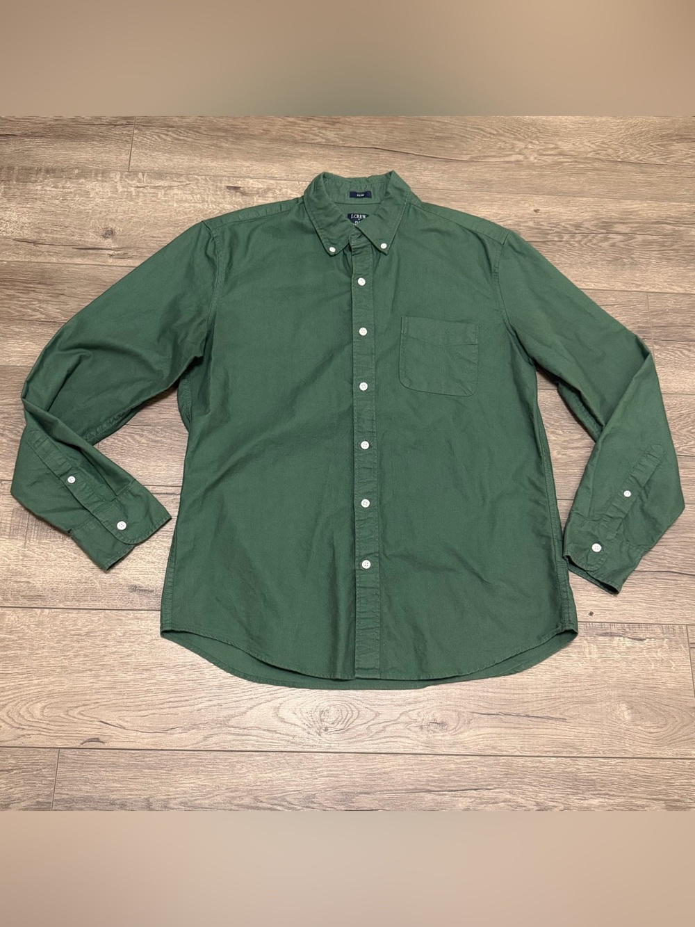J Crew Slim Fit Flex Oxford Green Button Down Shirt Long Sleeve Ivy Preppy Sz L